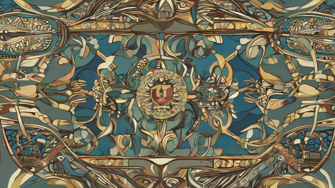 Abstrakcyjny wzór inspirowany symbolami i runami ze świata Wiedźmina w stonowanych kolorach