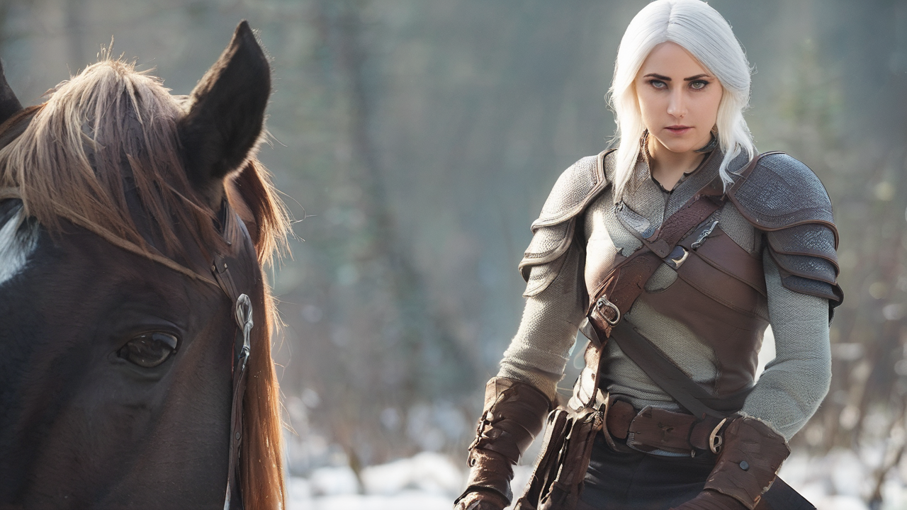 Cirilla z jasnymi włosami i blizną na twarzy, ubrana w lekką zbroję z mieczem przy boku