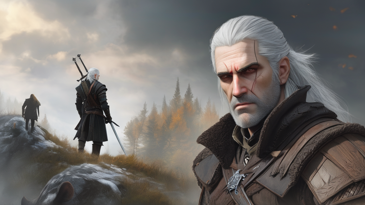 Geralt przygotowujący się do walki w mrocznym lesie, z mieczem w dłoni i eliksirem w drugiej