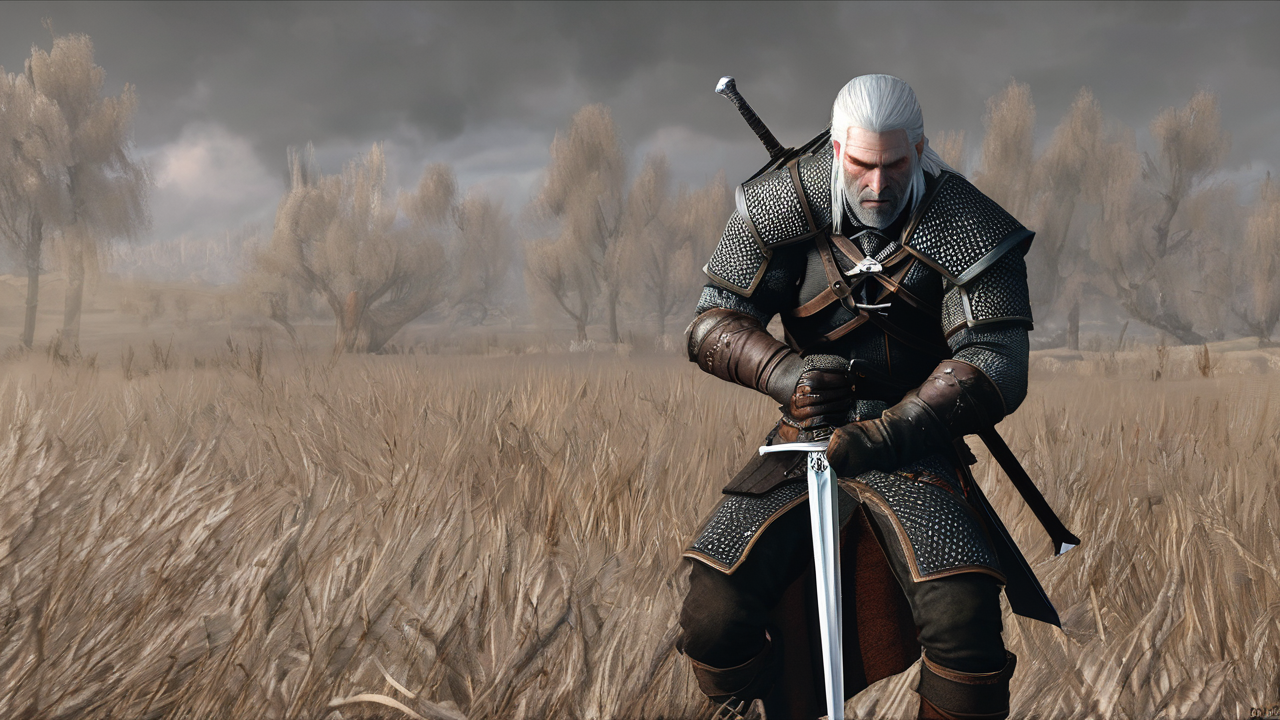Geralt z Rivii w pełnej zbroi wiedźmińskiej z mieczami na plecach, białe włosy i blizny na twarzy