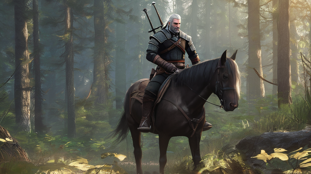 Geralt z Rivii podczas walki z potworem w lesie, z mieczem w dłoni i otoczony magicznym znakiem Igni