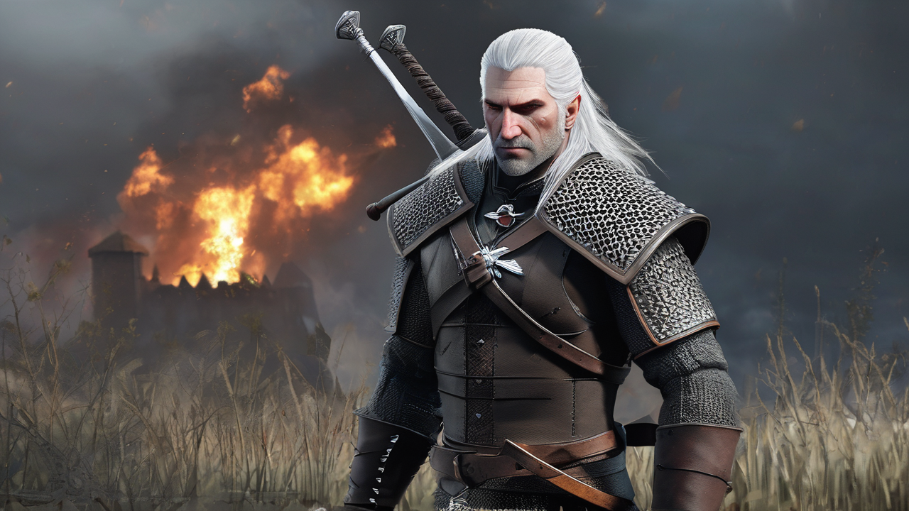 Geralt z Rivii stojący na wzgórzu z mieczem, patrzący na mroczny krajobraz z ruinami zamku i zachodzącym słońcem
