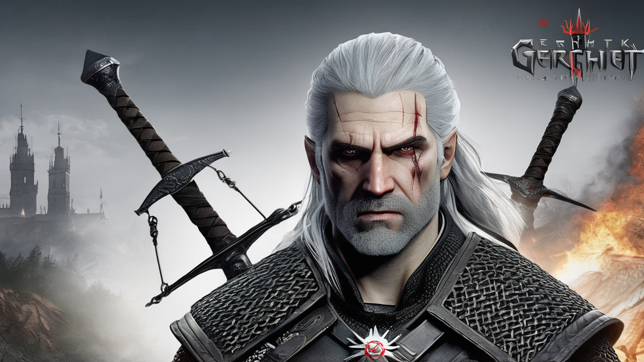 Geralt walczący z grupą potworów w ruinach zamku, używający znaku Aard do odrzucenia przeciwników