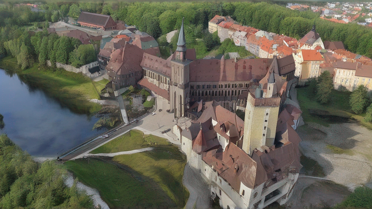 Mroczny krajobraz z Wiedźmina z zamglonymi lasami i ruinami zamku w oddali