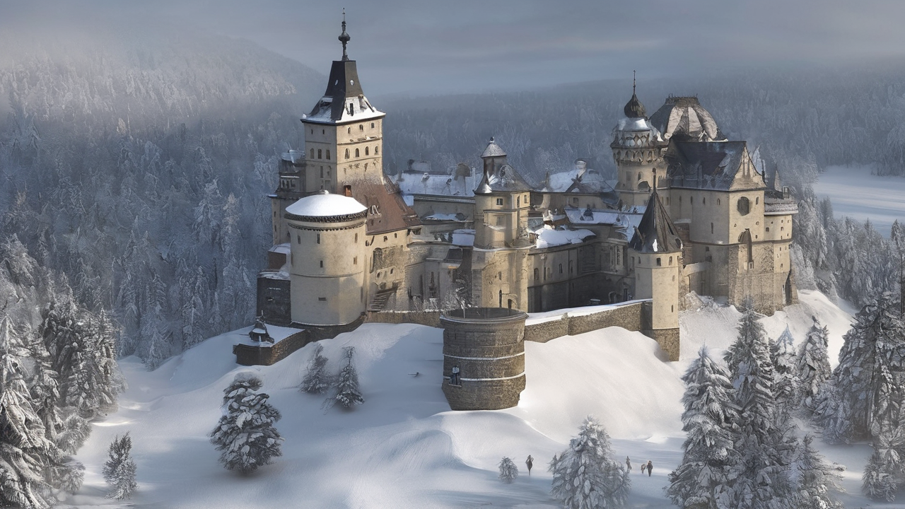 Odległy widok na górską twierdzę Kaer Morhen otoczoną mgłą i ośnieżonymi szczytami w tajemniczej total casino, mrocznej atmosferze