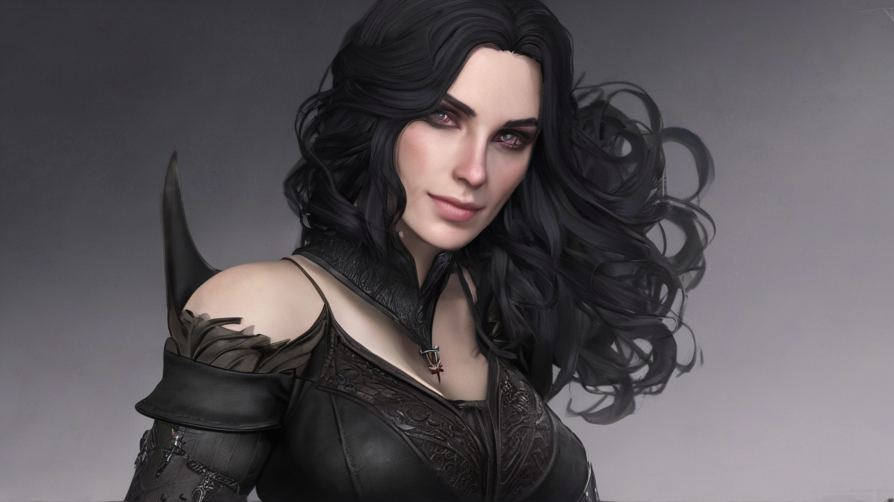 Portret Yennefer z Vengerbergu z fioletowymi oczami i czarnymi włosami