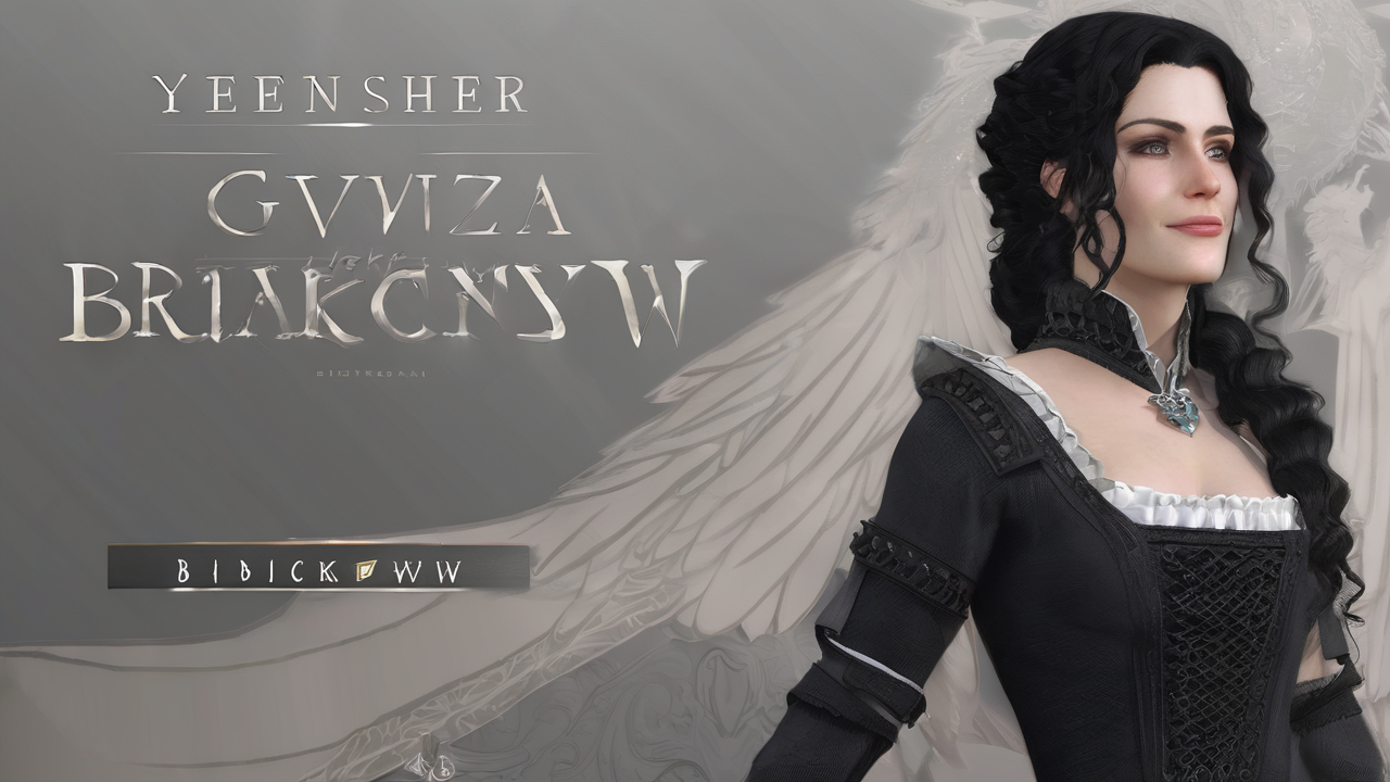 Yennefer z kruczoczarnymi włosami, ubrana w elegancką czarno-białą suknię, z obsydianową gwiazdą na szyi